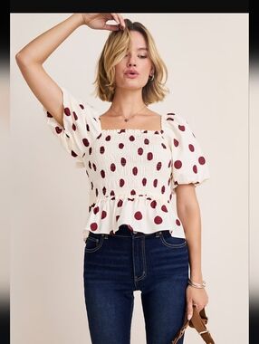 NWT Francesca’s White Red Polka Dot Ruffle Smocked Bow Tie Blouse Women's Small